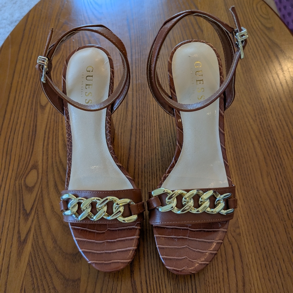 GUESS Brown Ankle Strap Wedge Sandals with Gold-Tone Chain Detail, Size 9.5M